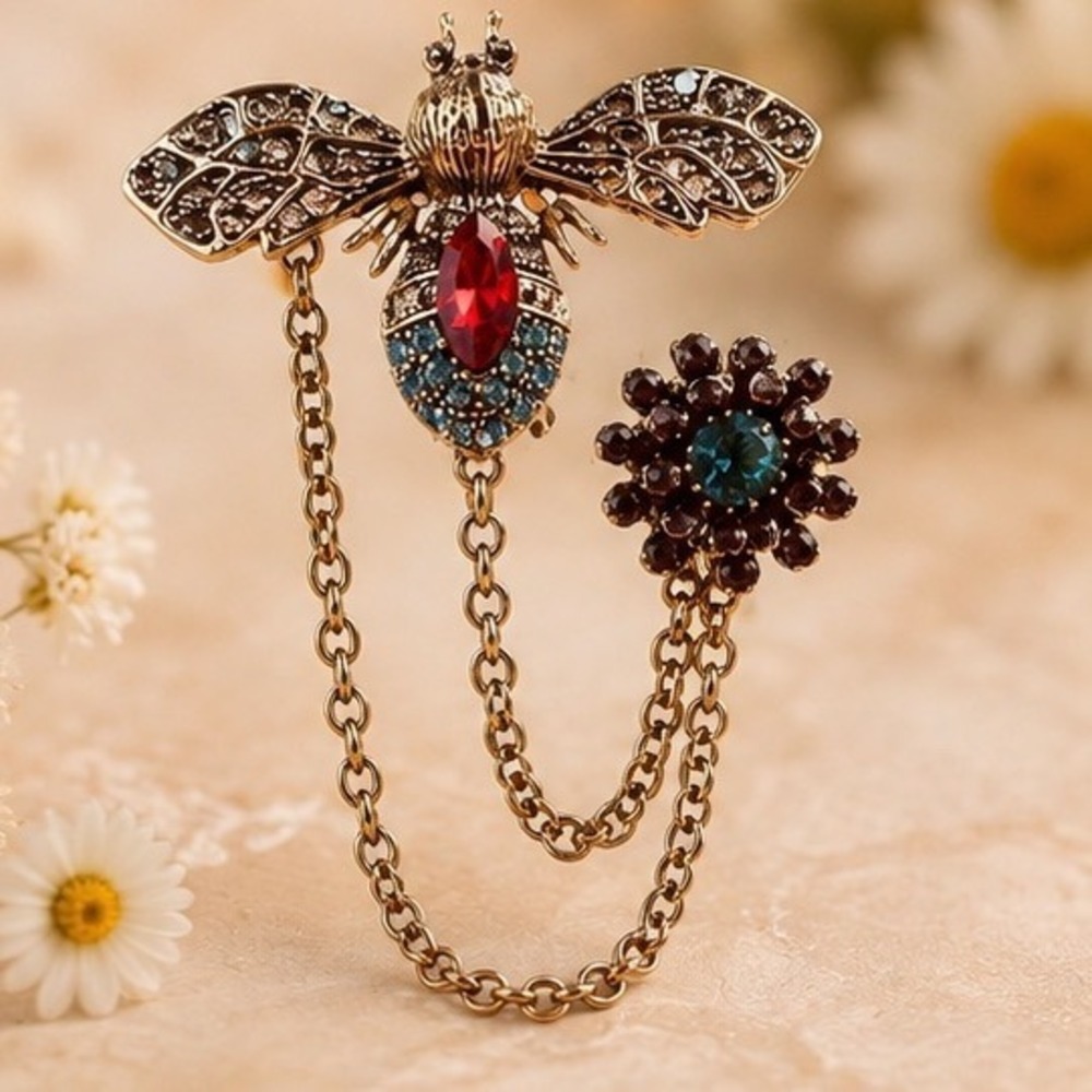 Honey Bee & Flower Double Brooch Draped Chain Filigree Wings Red Blue Crystals